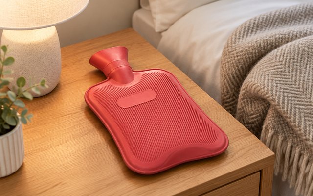 HomeTop Classic Rubber Hot Water Bottle, red rubber hot water bottle on a wooden bedside table next to a folded blanket and a lamp