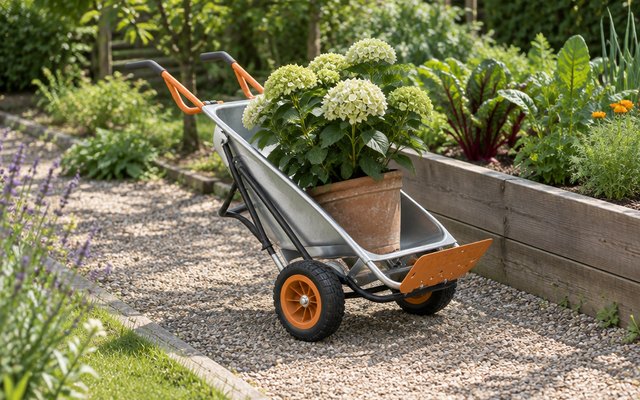 WORX Aerocart, on a garden path carrying a large potted plant beside a raised bed