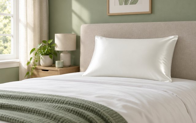 ALASKA BEAR silk pillowcase, on a pillow on a neatly made double bed in a bedroom with sage-green walls
