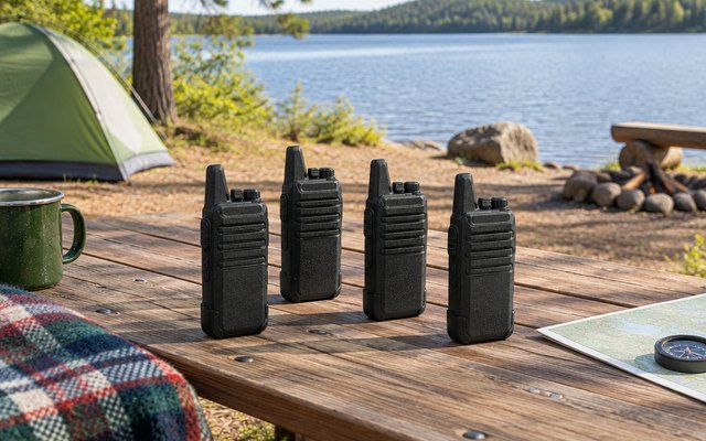 Retevis RT22 walkie-talkies, standing on a picnic table at a lakeside campsite