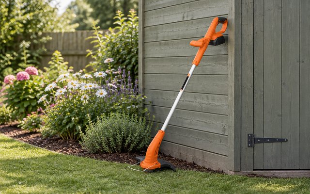 WORX WG154 string trimmer, leaning against the wall of a garden shed beside a small flower bed