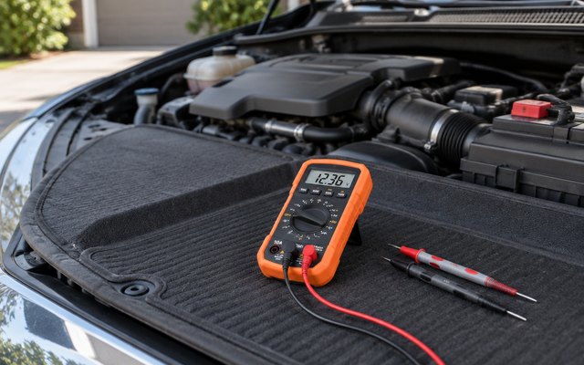 Crenova MS8233D multimeter, on the floor mat of a car with the hood open in a driveway