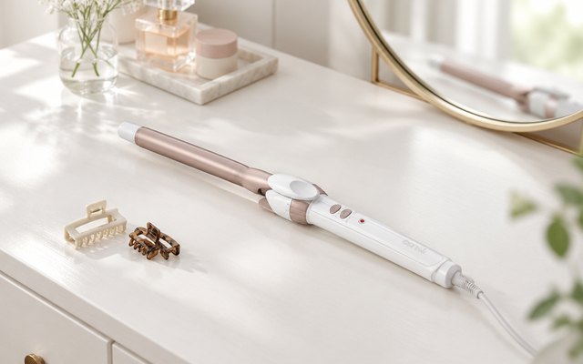 Conair Double Ceramic Curling Iron, ½ in, slim curling iron lying on a white dressing table next to a round mirror and a few hair clips, soft daylight