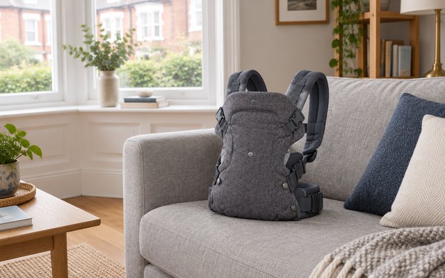 Infantino Flip 4-in-1 carrier, resting on a grey sofa in a calm living room with a bay window
