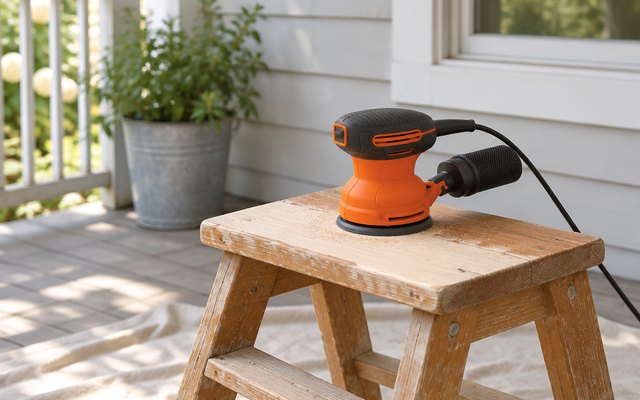 BLACK+DECKER orbit sander, on a small wooden step stool being refinished on a covered porch