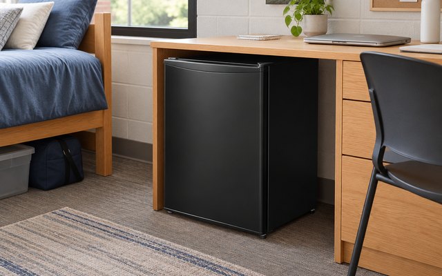 Midea compact refrigerator, under a desk in a college dorm room