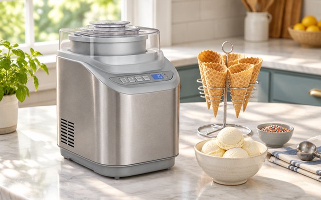 Cuisinart Cool Creations 2-Quart Ice Cream Maker with Countdown Timer, ice cream maker on a sunny kitchen island with a waffle cone holder and a bowl of vanilla