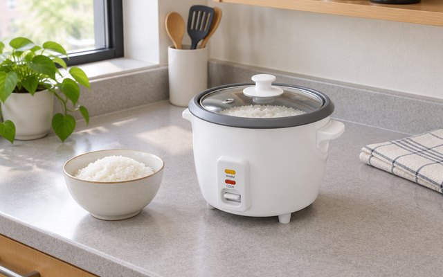 Aroma ARC-363NG rice cooker, on a dorm-style kitchenette counter beside a single bowl of rice