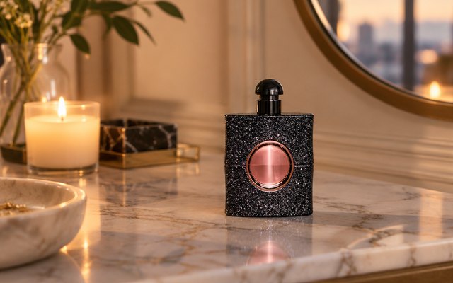 YSL Black Opium, on a marble dresser beside a lit candle, soft evening light
