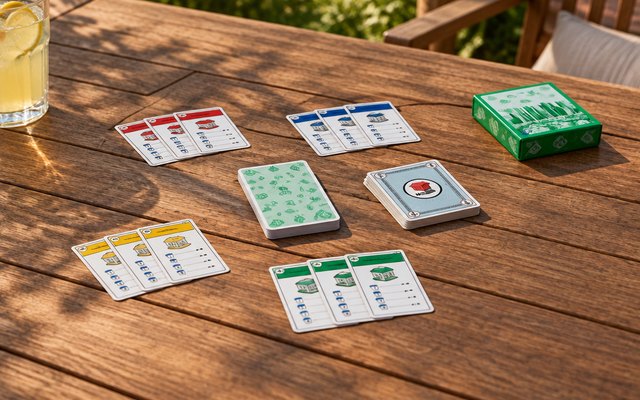 Monopoly Deal, property and money cards laid out on a patio table