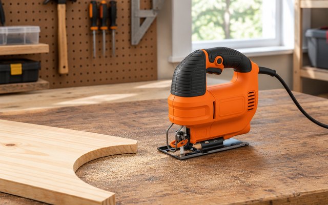 BLACK+DECKER 4.5 Amp jigsaw, on a garage workbench beside a pine board with a fresh curved cut