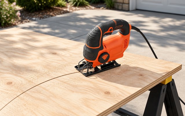 BLACK+DECKER Smart Select jigsaw, resting on a sheet of plywood across two sawhorses in a sunny driveway, a curved cut in the wood
