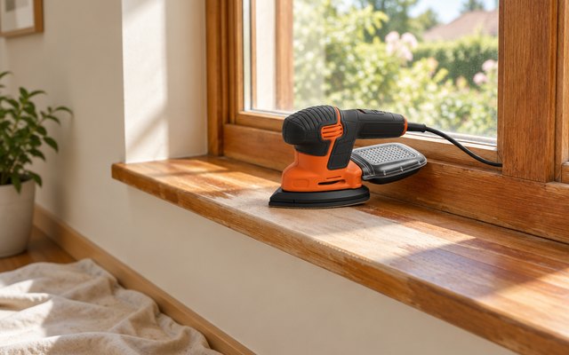 BLACK+DECKER Mouse sander, on the sill of a wooden window frame being refinished in a sunny room, a drop cloth below