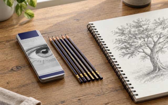 Faber-Castell graphite sketch set, on a wooden desk beside a sketchbook with a pencil drawing of a tree