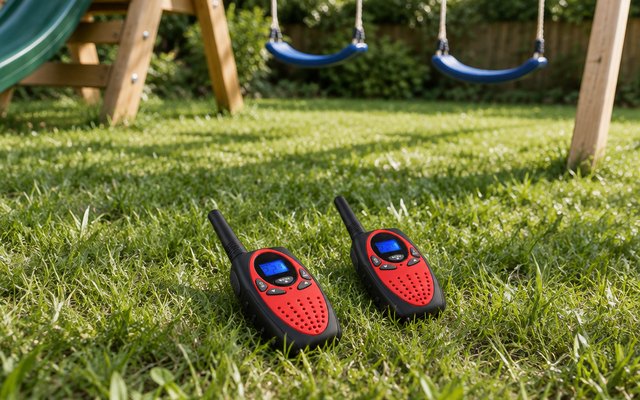 Retevis RT628 kids' walkie-talkies, lying on the grass of a backyard by a swing set