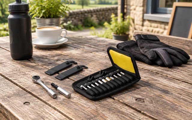 Topeak Ratchet Rocket Lite DX tool kit, open on a picnic table outside a country café