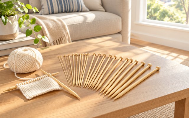 LIHAO bamboo knitting needles, several pairs fanned out on a living room coffee table, one pair holding a few rows of knitting