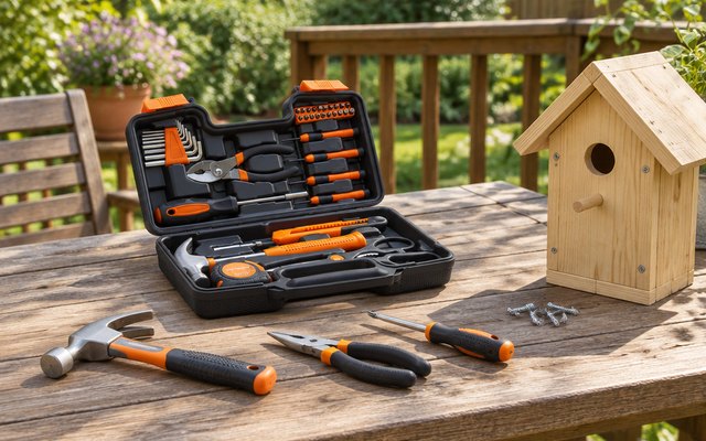 CARTMAN 39-piece tool set, on a backyard deck table beside a wooden birdhouse being fixed