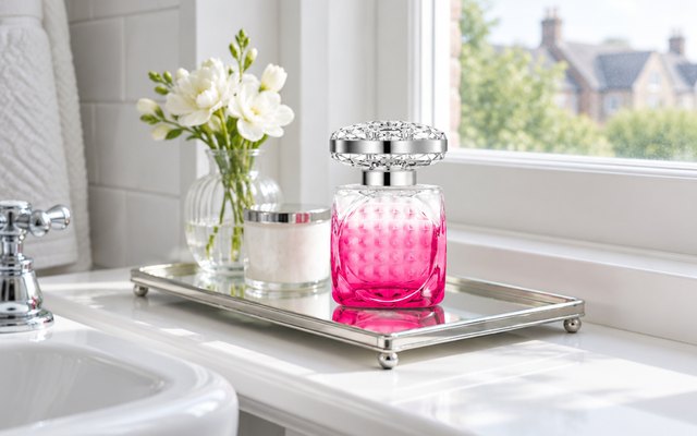 Pink-shaded faceted perfume bottle on a mirrored tray on a bathroom windowsill