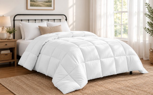 Utopia Bedding down alternative comforter, on a guest-room bed with a simple black iron frame, one corner folded back, soft light through sheer curtains