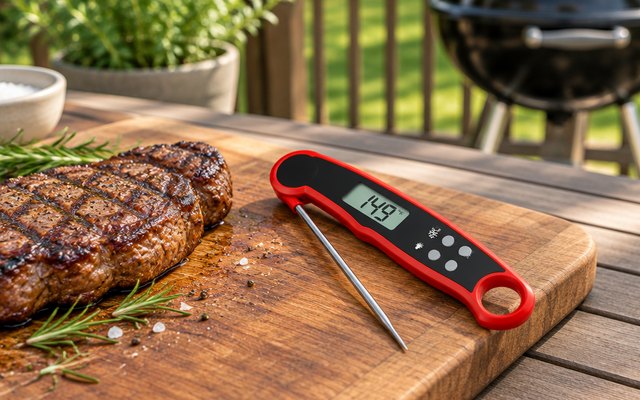 Alpha Grillers meat thermometer, on a cutting board beside a grilled steak on a backyard deck