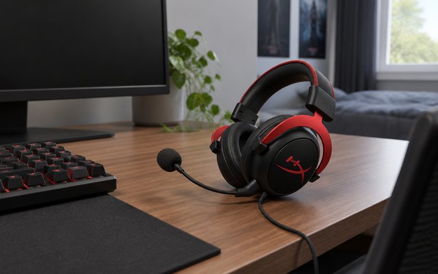 HyperX Cloud II headset, resting on a desk beside a keyboard in a bedroom gaming setup, the monitor screen dark