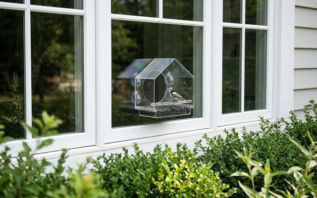 Clear house-shaped window feeder stuck to the outside of a white-framed window, a chickadee on its perch