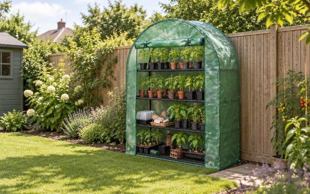 Gardman Grow Arc, along a wooden fence at the edge of a lawn in a British back garden, packed with young tomato and pepper plants