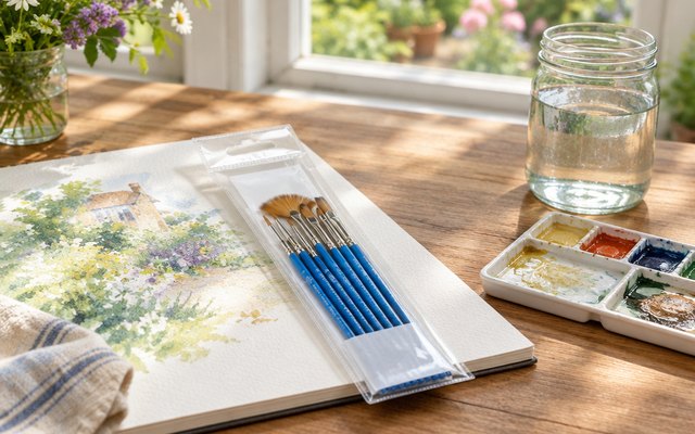 Watercolour brushes, resting across a watercolour pad beside a small paint palette and a jar of water on a table by a garden window