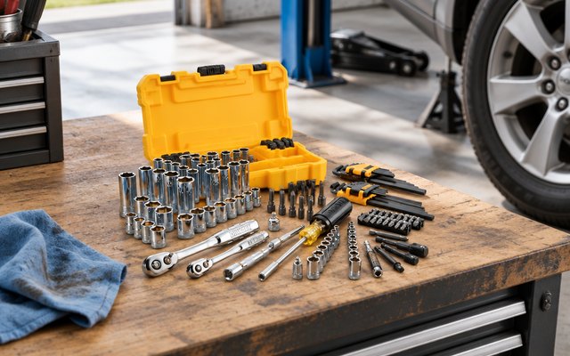 DEWALT 108-Piece Mechanics Tool Set, open mechanics socket set case on a garage workbench beside a car wheel and a shop rag