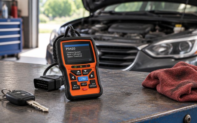 Handheld OBD2 scanner, on a garage workbench beside a set of car keys and a shop rag, a car with its hood open behind, screen showing a plain simple reading
