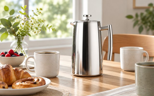 Tall stainless steel French press on a dining table set for brunch with several mugs and a plate of pastries