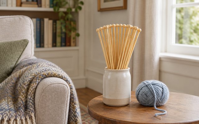 LIHAO bamboo knitting needles, a bundle of the needles in a ceramic jar on a side table beside an armchair and a ball of wool in a cosy British sitting room
