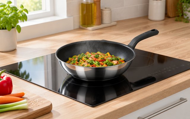 Tefal Comfort Max wok, on an induction hob with a vegetable stir-fry inside