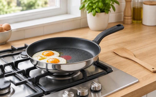 Stainless steel frying pan with eggs frying, on a kitchen hob