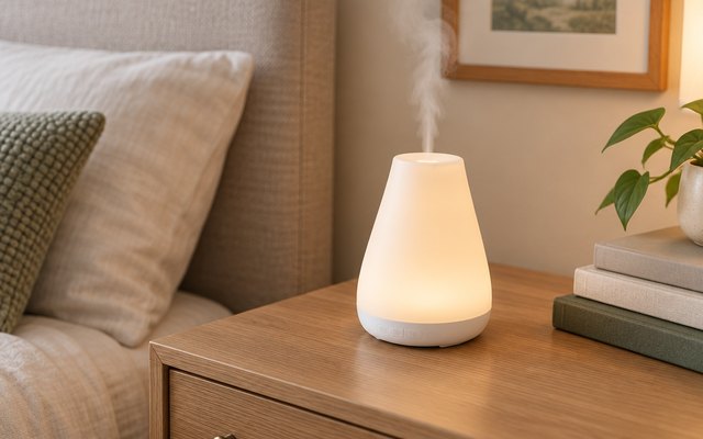 InnoGear essential oil diffuser, on a nightstand in a calm American bedroom beside a stack of books