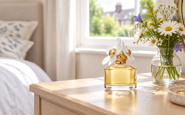 Clear perfume bottle with a white daisy cap on a wooden dressing table beside fresh flowers