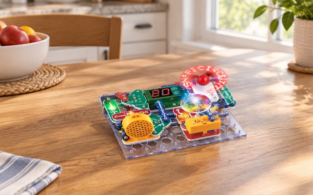 Snap Circuits Arcade kit, on a kitchen table in an American home, afternoon light