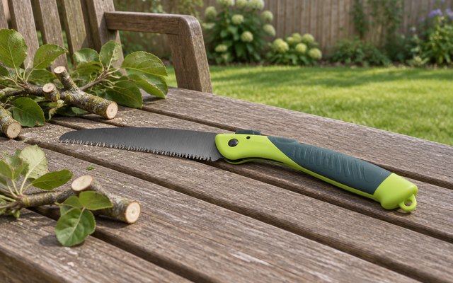 Spear & Jackson folding pruning saw, lying open on a garden bench beside cut apple branches