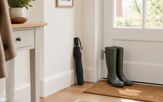 Compact black travel umbrella, folded by the front door beside a pair of wellies