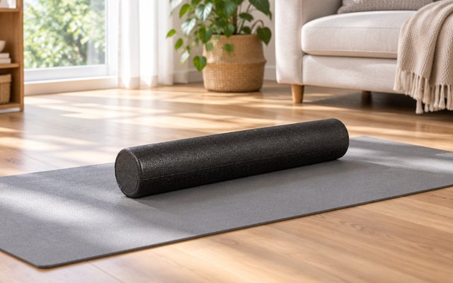 Amazon Basics 36-inch foam roller, on a yoga mat on the wood floor of a bright living room