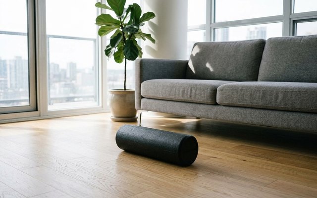 Black foam roller on the oak floor of a bright condo living room, in front of a grey sofa and tall windows