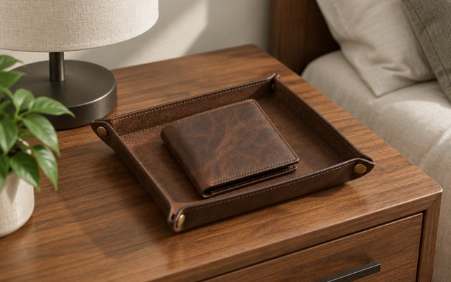 Fossil Derrick bifold wallet, on a leather valet tray on a nightstand