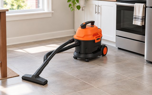 Armor All 2.5-gallon utility vac, on the tile floor of a small apartment kitchen
