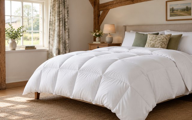 Duvet, spread over a bed in a cosy British cottage bedroom with oak beams