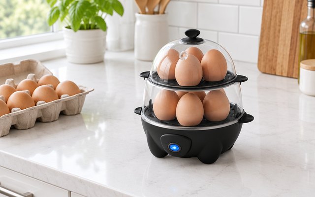 Dash Deluxe egg cooker, on a white counter in a bright American kitchen beside a carton of brown eggs