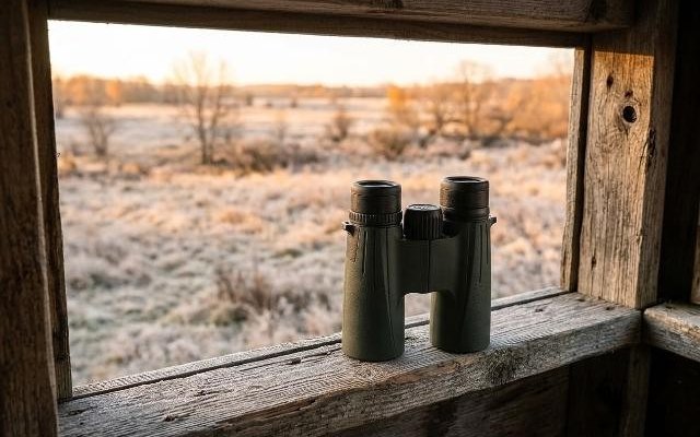 Green roof prism binoculars on the window ledge of a hunting blind overlooking a frosty field at sunrise