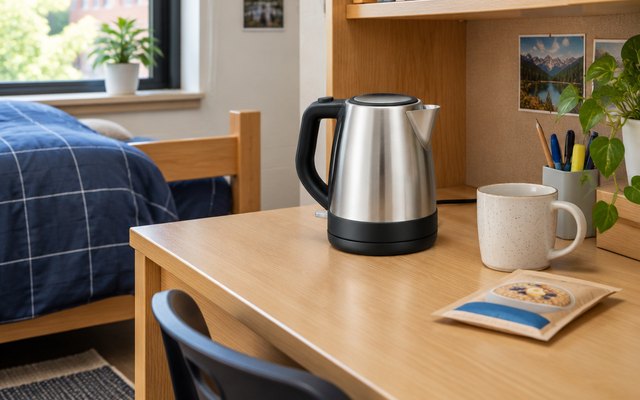 Hamilton Beach 1-liter kettle, on a desk shelf in a tidy college dorm room beside a mug and a packet of instant oatmeal