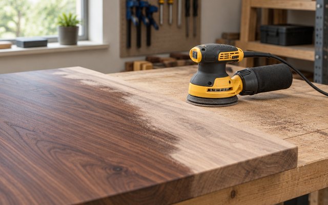 DEWALT DWE6423K sander, on a garage workbench beside a half-sanded walnut tabletop