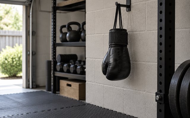 Venum Elite boxing gloves, hanging by their laces from a hook in a home garage gym, a rubber mat below